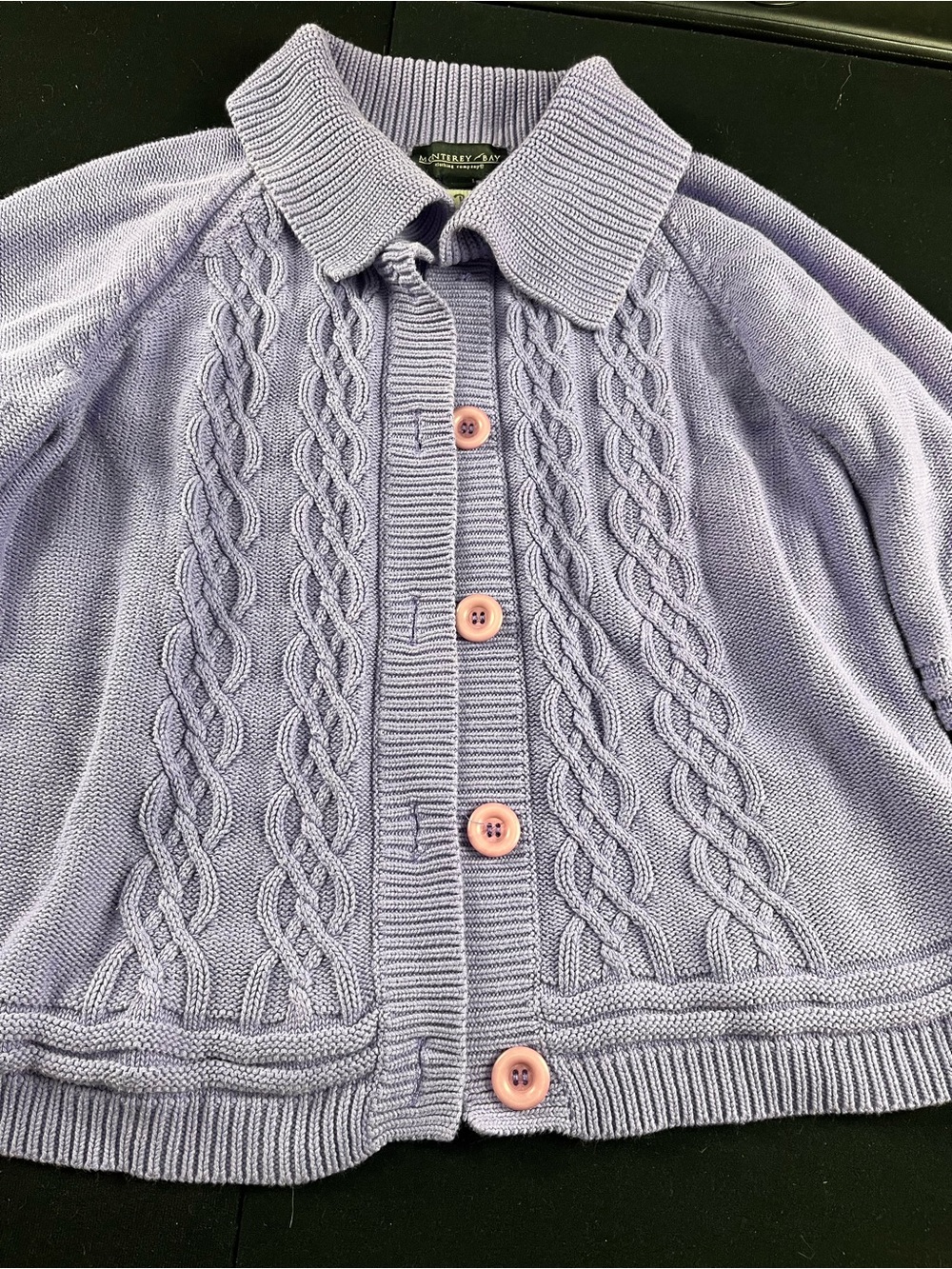 Purple Monterey Bay Lavender Cable-Knit Polo Cardigan with Pink Buttons
